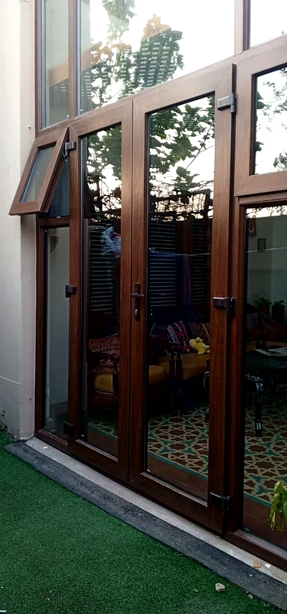 Wood-grain doors: French doors with a top hung window